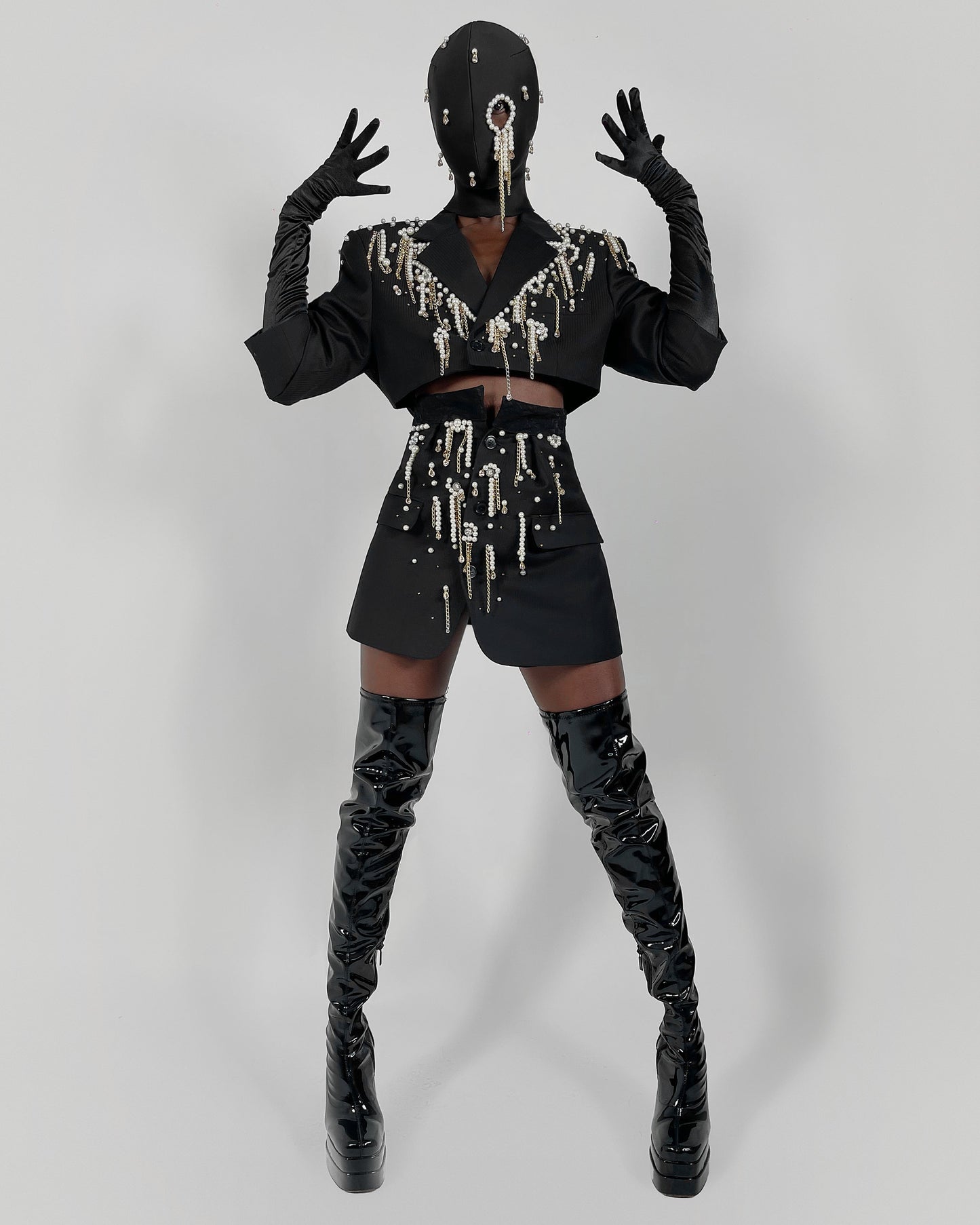 Nadéne navy embellished two-piece blazer set with pearls and gold plated crystals