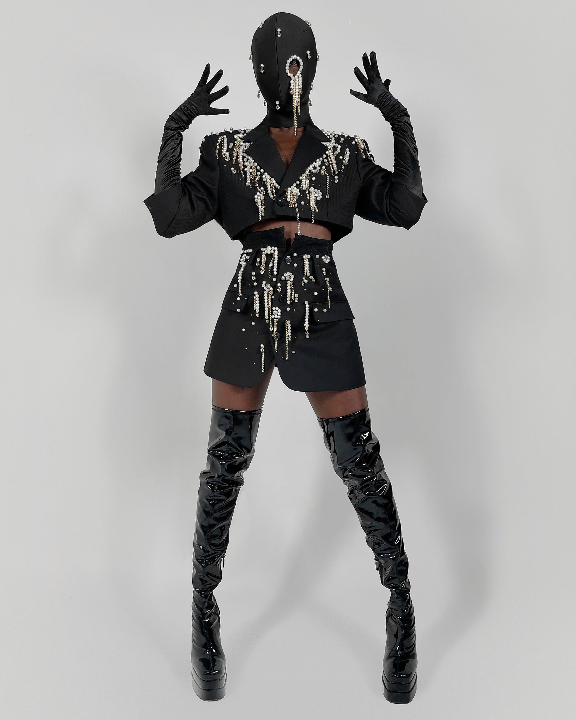 Nadéne navy embellished two-piece blazer set with pearls and gold plated crystals