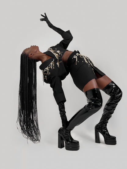 Navy embellished two-piece blazer set with pearls and crystals by Fia Jacobs