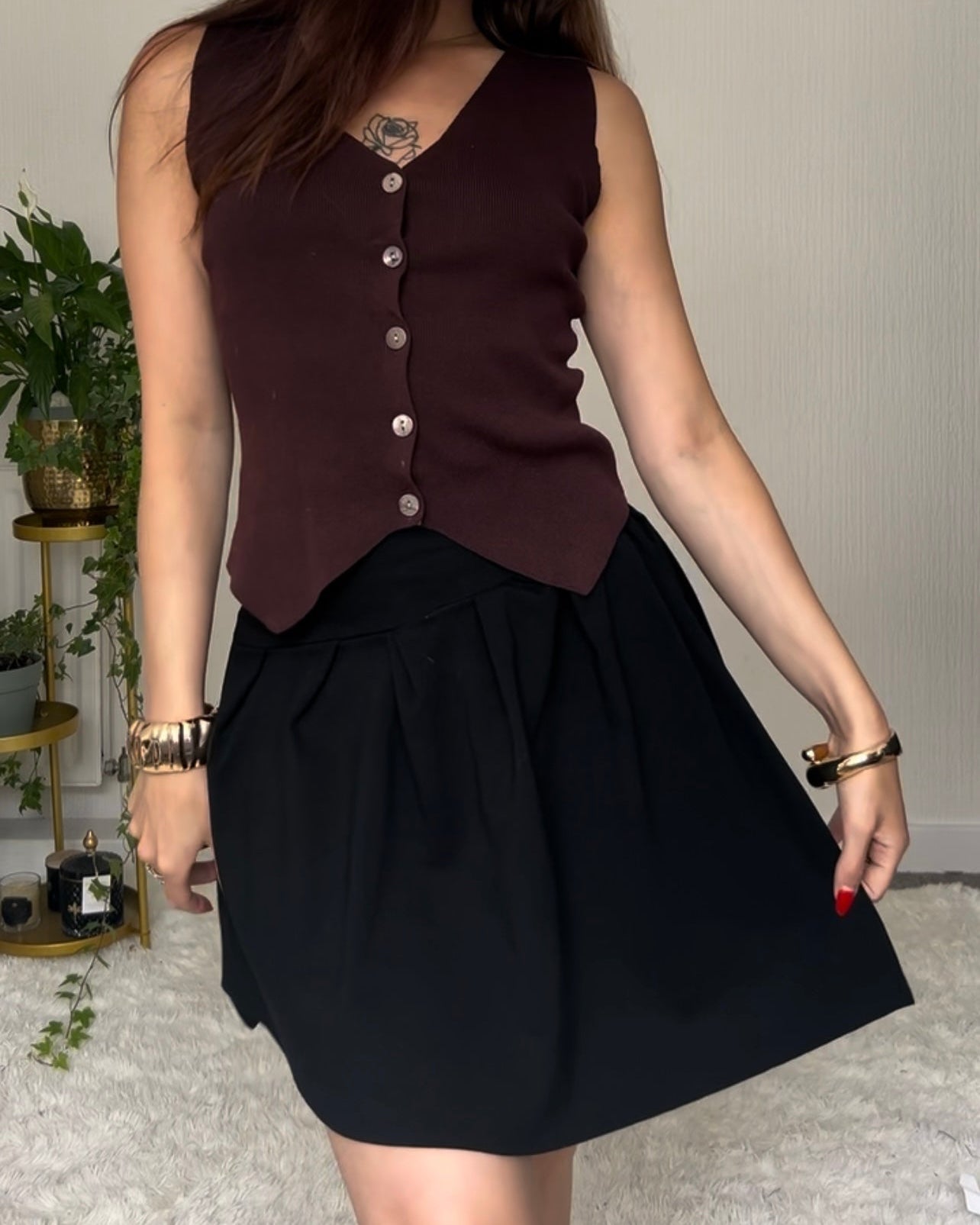 Nadéne Liora Black Pleated Asymmetrical Mini Skirt Front View