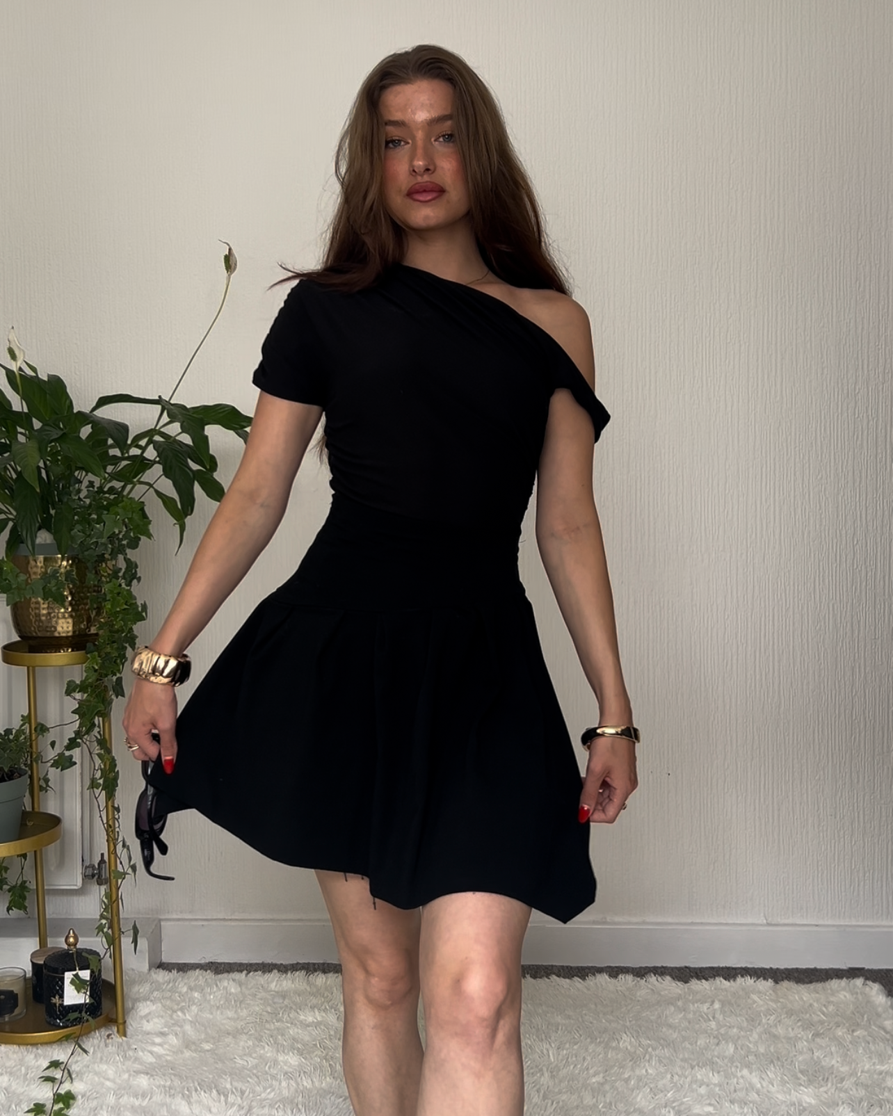 Nadéne Liora Black Pleated Asymmetrical Mini Skirt Front View