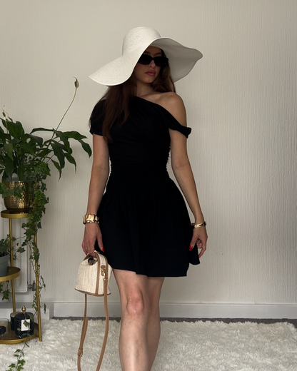 Nadéne Liora Black Pleated Asymmetrical Mini Skirt Front View