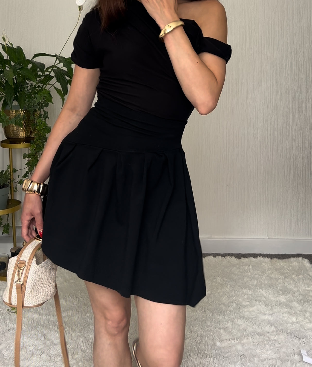 Nadéne Liora Black Pleated Asymmetrical Mini Skirt Front View