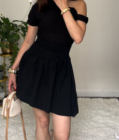 Nadéne Liora Black Pleated Asymmetrical Mini Skirt Front View